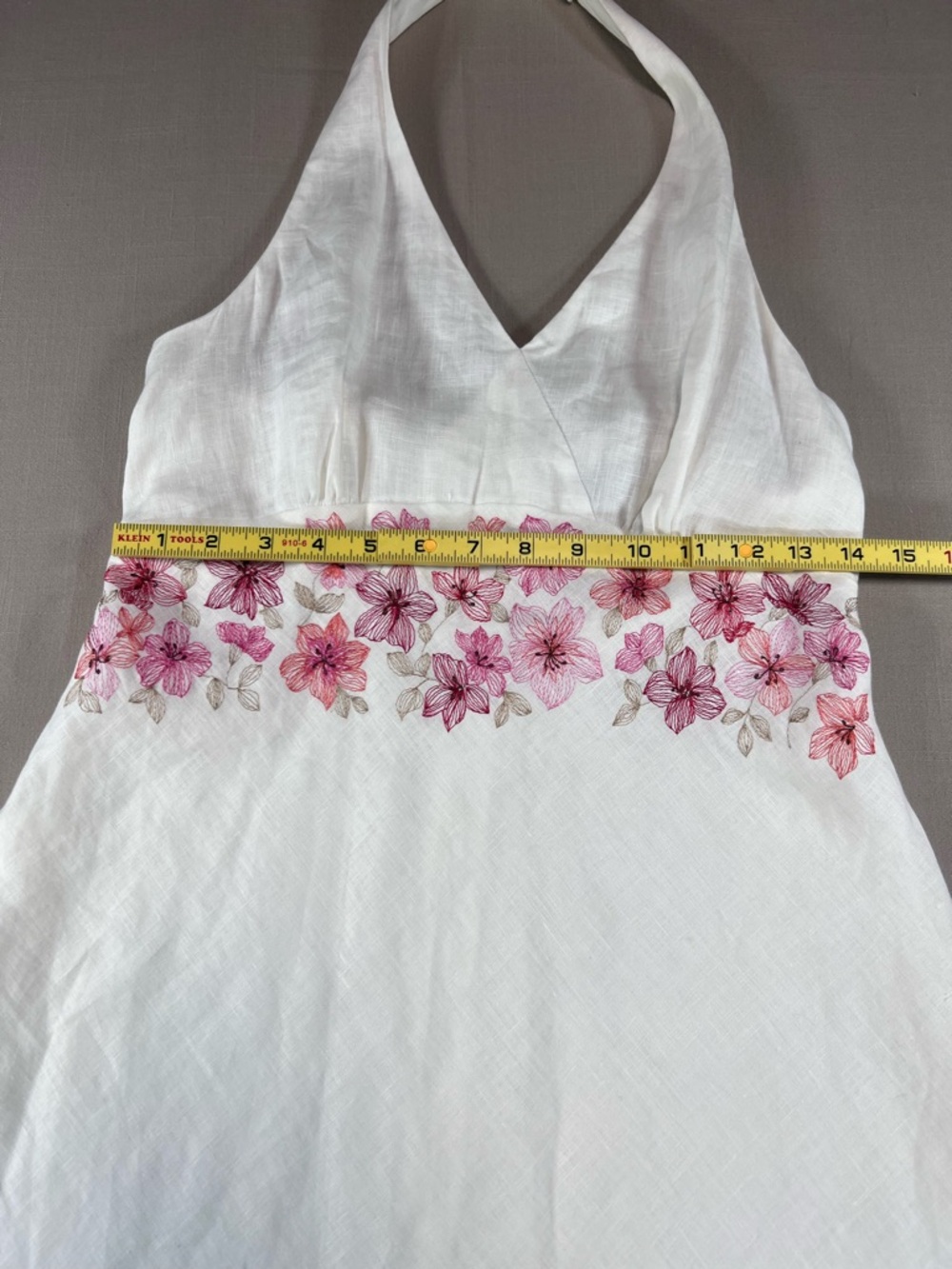 Ann Taylor Women’s Linen Halter Dress Pink Floral Embroidery Empire Waist Midi - Picture 8 of 16